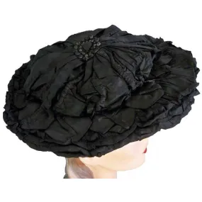Victorian Womens Silk Wide Brim Hat Black Ribbon Jet Decoration 1890S