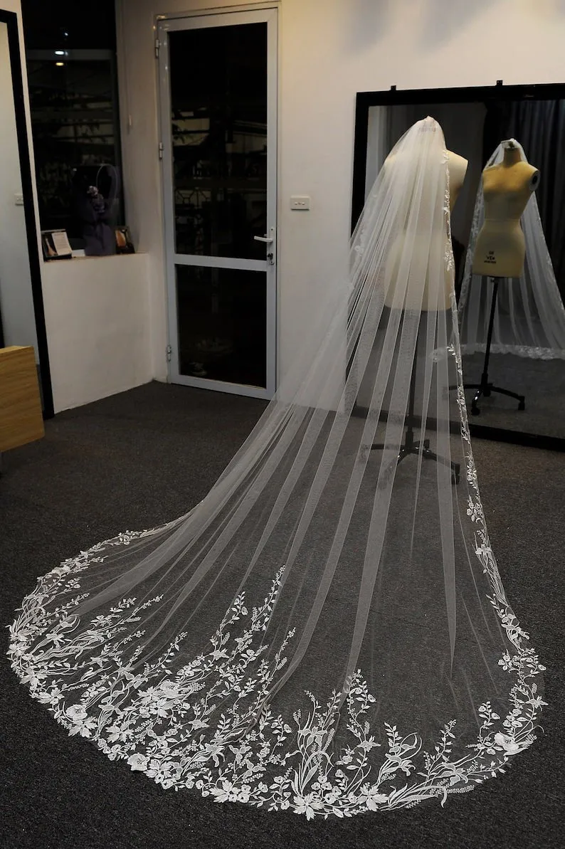 Vintage Flower Lace Veil Cathedral Tulle Bridal veil