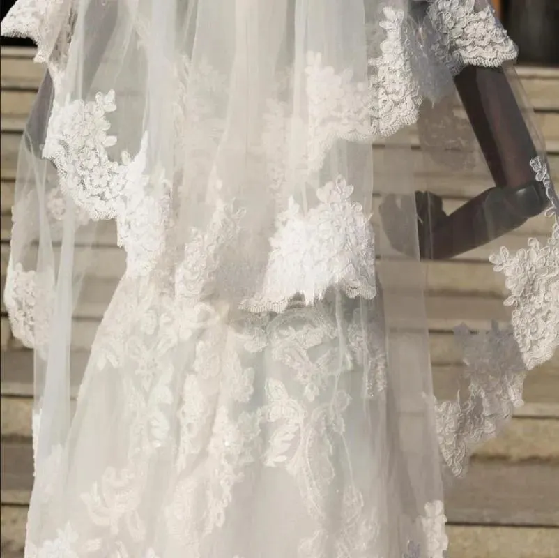 Vintage Lace Trim Waist Wedding Veil w/ Blusher