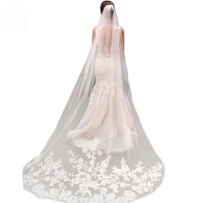 Vintage Style Applique Edge Long Two Layer Bridal Veil With Comb