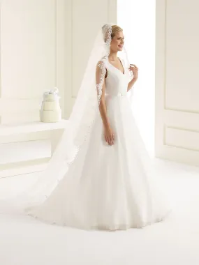 White Cathedral Length Wedding Veil, Beaded Lace Edge, S129