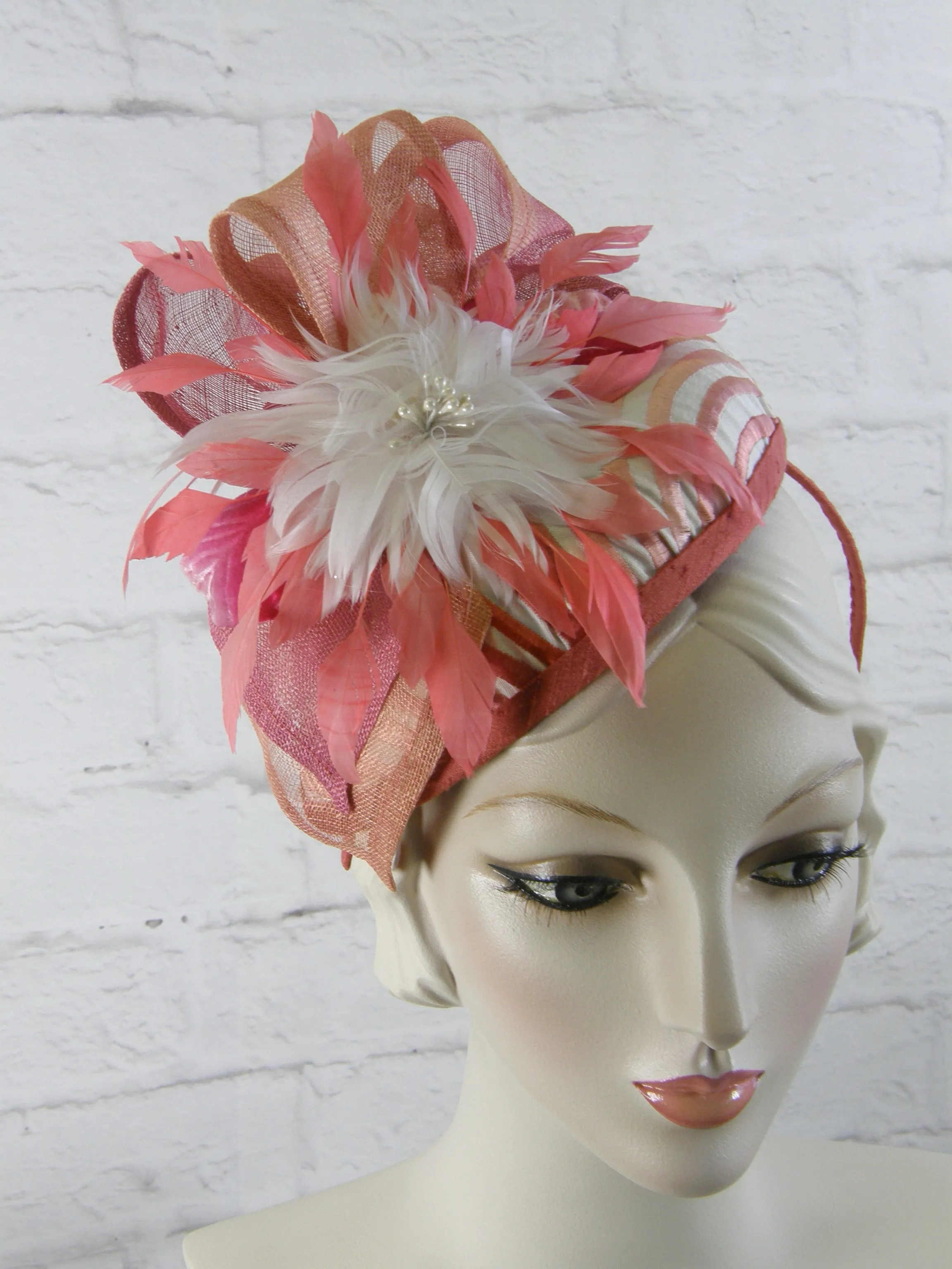 Women's Coral, Cream and Pink Fascinator Hat for Kentucky Derby