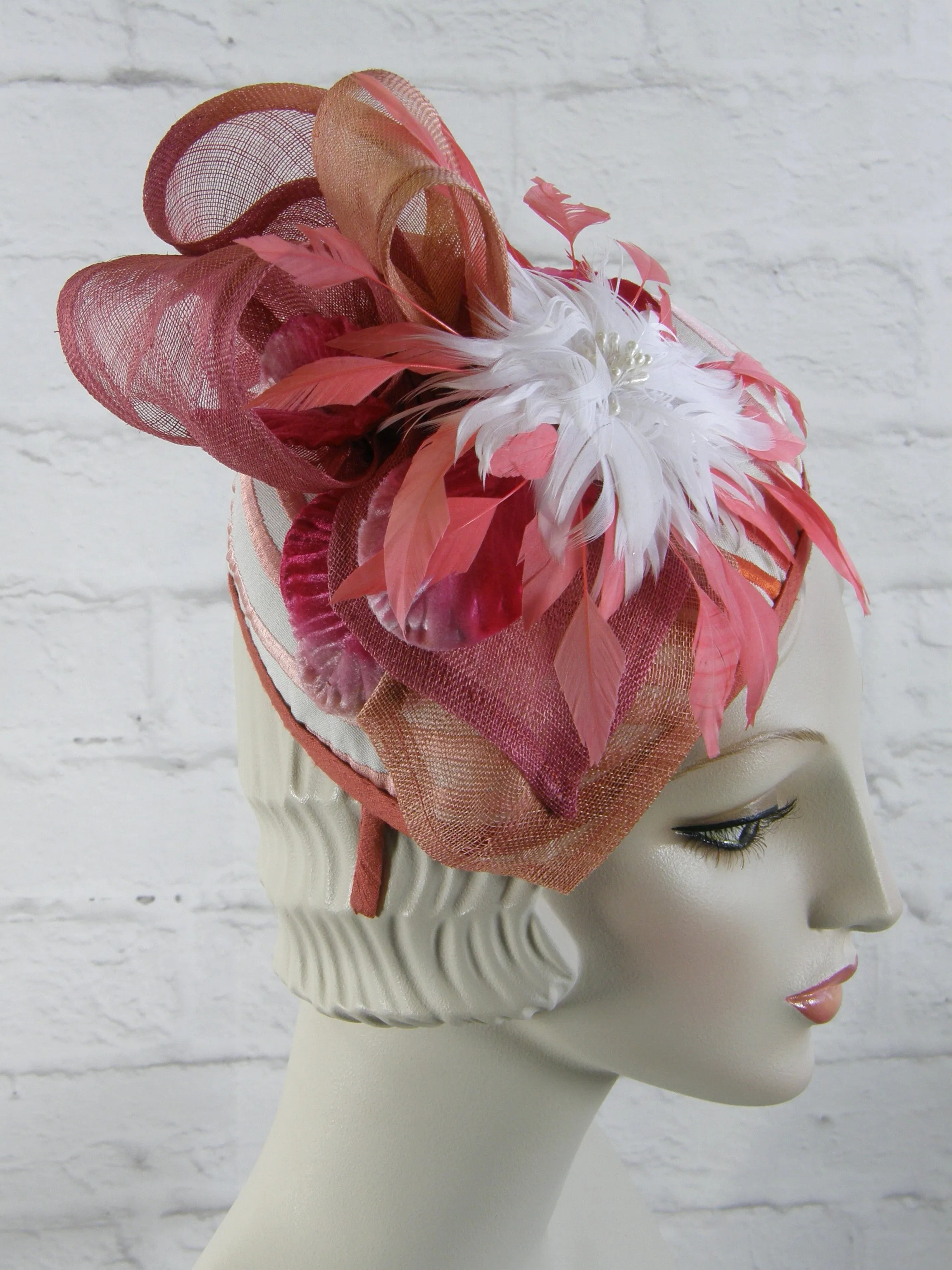Women's Coral, Cream and Pink Fascinator Hat for Kentucky Derby