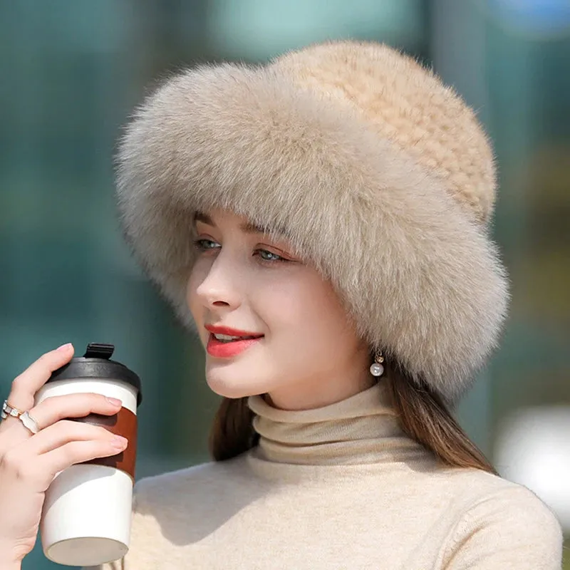 Women's Real Knit Natural Mink Fur Luxury Hat Handmade Winter Headwear