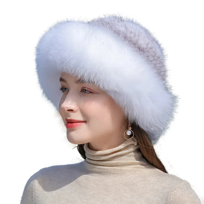 Women's Real Knit Natural Mink Fur Luxury Hat Handmade Winter Headwear