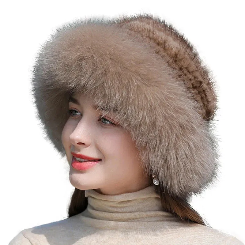 Women's Real Knit Natural Mink Fur Luxury Hat Handmade Winter Headwear