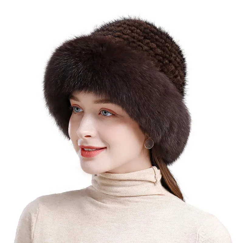 Women's Real Knit Natural Mink Fur Luxury Hat Handmade Winter Headwear