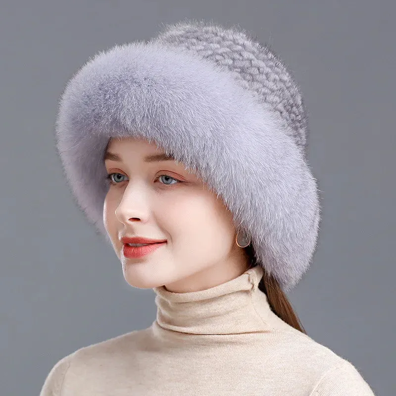 Women's Real Knit Natural Mink Fur Luxury Hat Handmade Winter Headwear