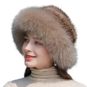 Women's Real Knit Natural Mink Fur Luxury Hat Handmade Winter Headwear