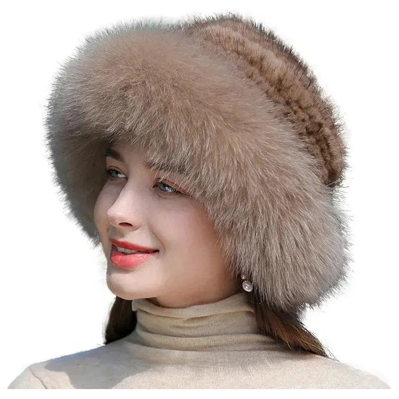 Women's Real Knit Natural Mink Fur Luxury Hat Handmade Winter Headwear