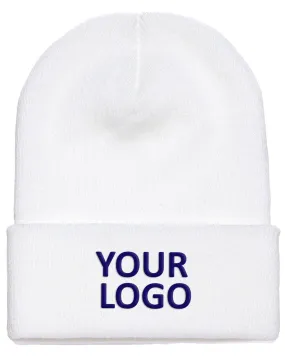 Yupoong Cuffed Custom Knit Beanies, White